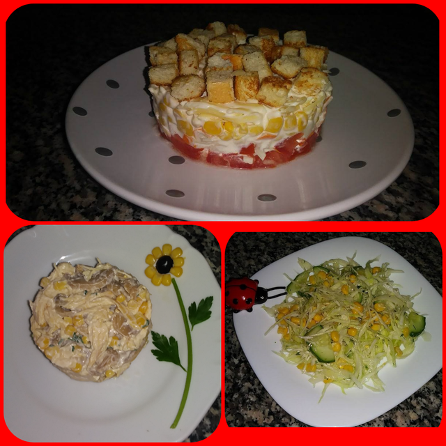 Фото к рецепту: Три быстрых и вкусных салата с кукурузой.