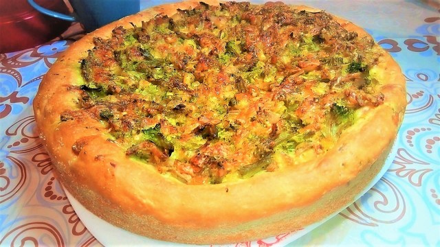 Фото к рецепту: Открытый пирог с брокколи, курицей и сыром. 