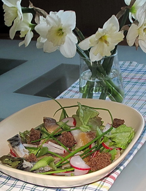 Фото к рецепту: Салат из копченой скумбрии с ревенем
