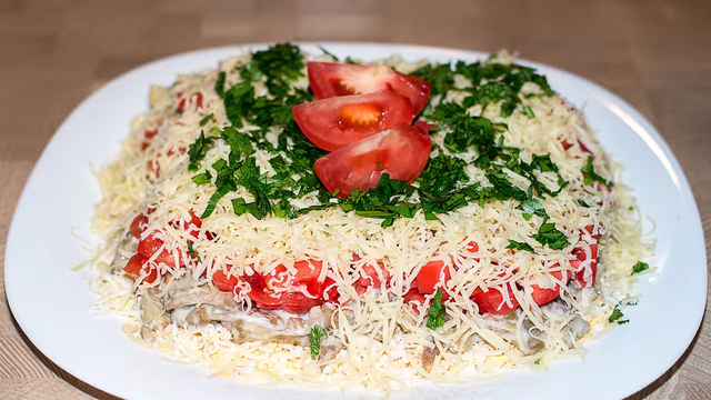 Фото к рецепту: Загадочный салат из баклажанов с сыром и помидорами