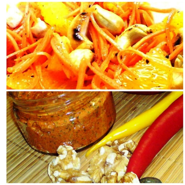 Фото к рецепту: Салат из моркови,апельсина и орешков/дип из запечённого перца и вяленых помидоров