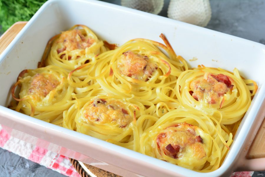Гнезда с фаршем в духовке с макаронами в сливочном соусе рецепт с фото пошагово