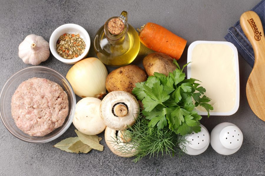Суп с фрикадельками, грибами и плавленым сыром - фото шаг 1