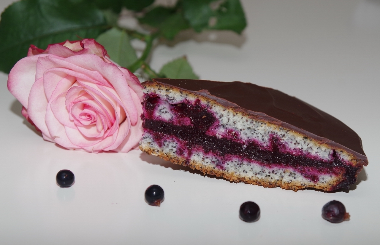 Фото к рецепту: Маковый торт с черносмородиновым желе в шоколадной глазури