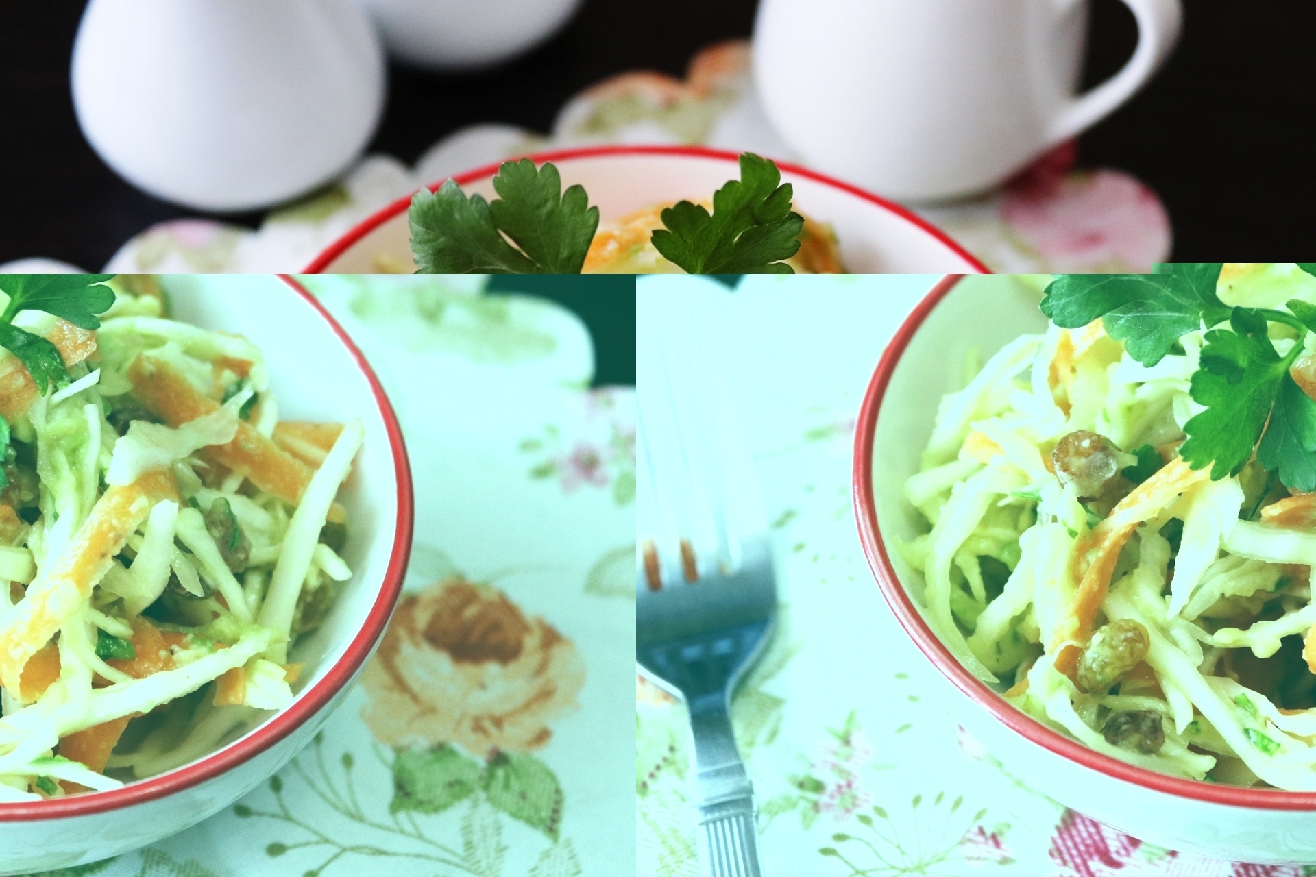 Фото к рецепту: Капустный салат с изюмом и заправкой из авокадо