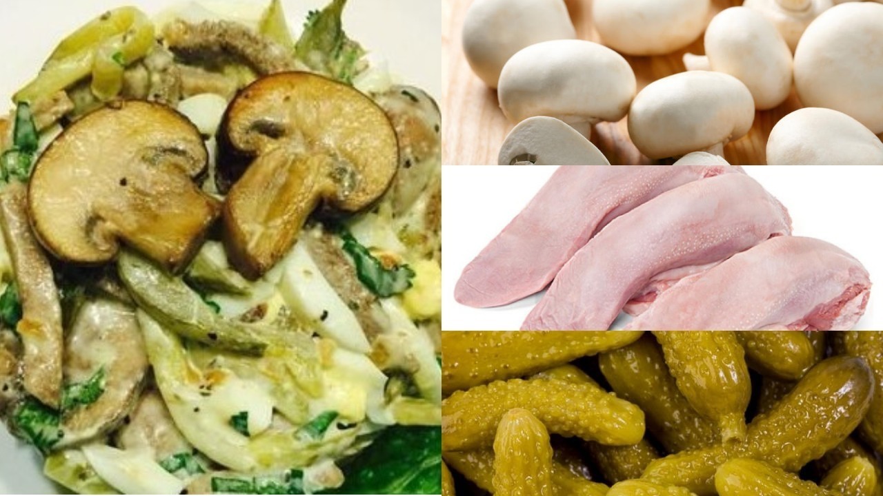Фото к рецепту: Салат со свиным языком и грибами