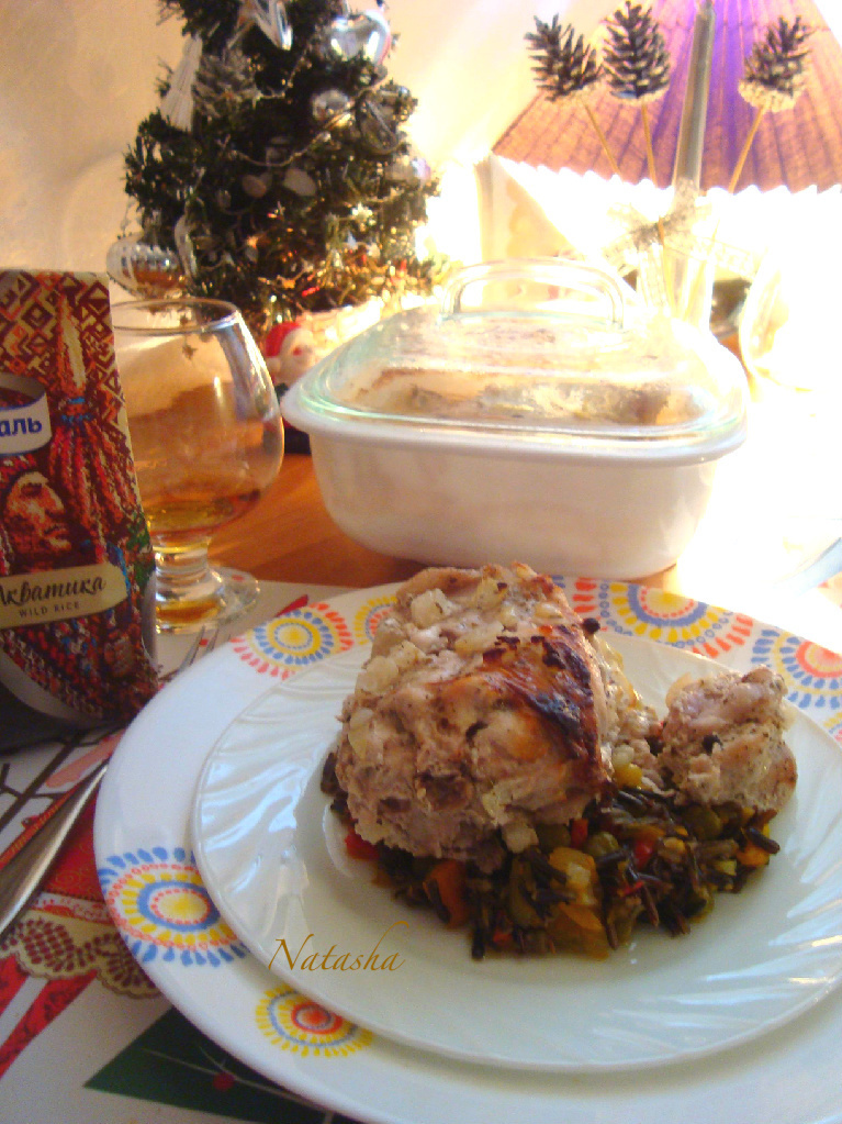 Фото к рецепту: Кролик запеченный с диким рисом и овощами (праздничный ужин)